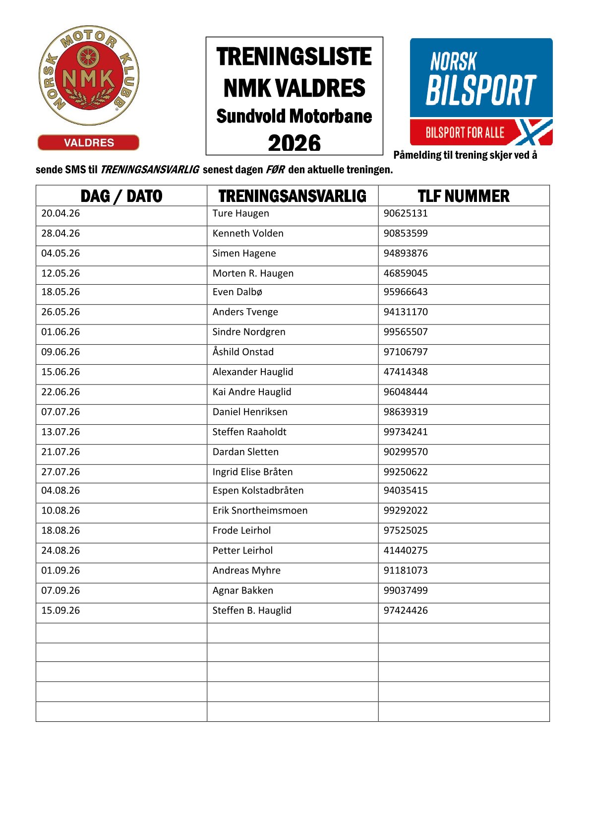 Artikkelbilde til artikkelen Treningstider 2026